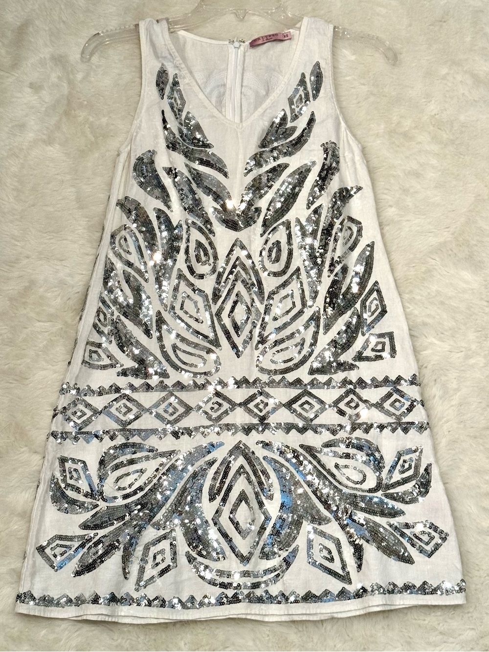 Beautiful Calypso St. Barth Sequin Mini Dress, White & Silver, Gatsby Style